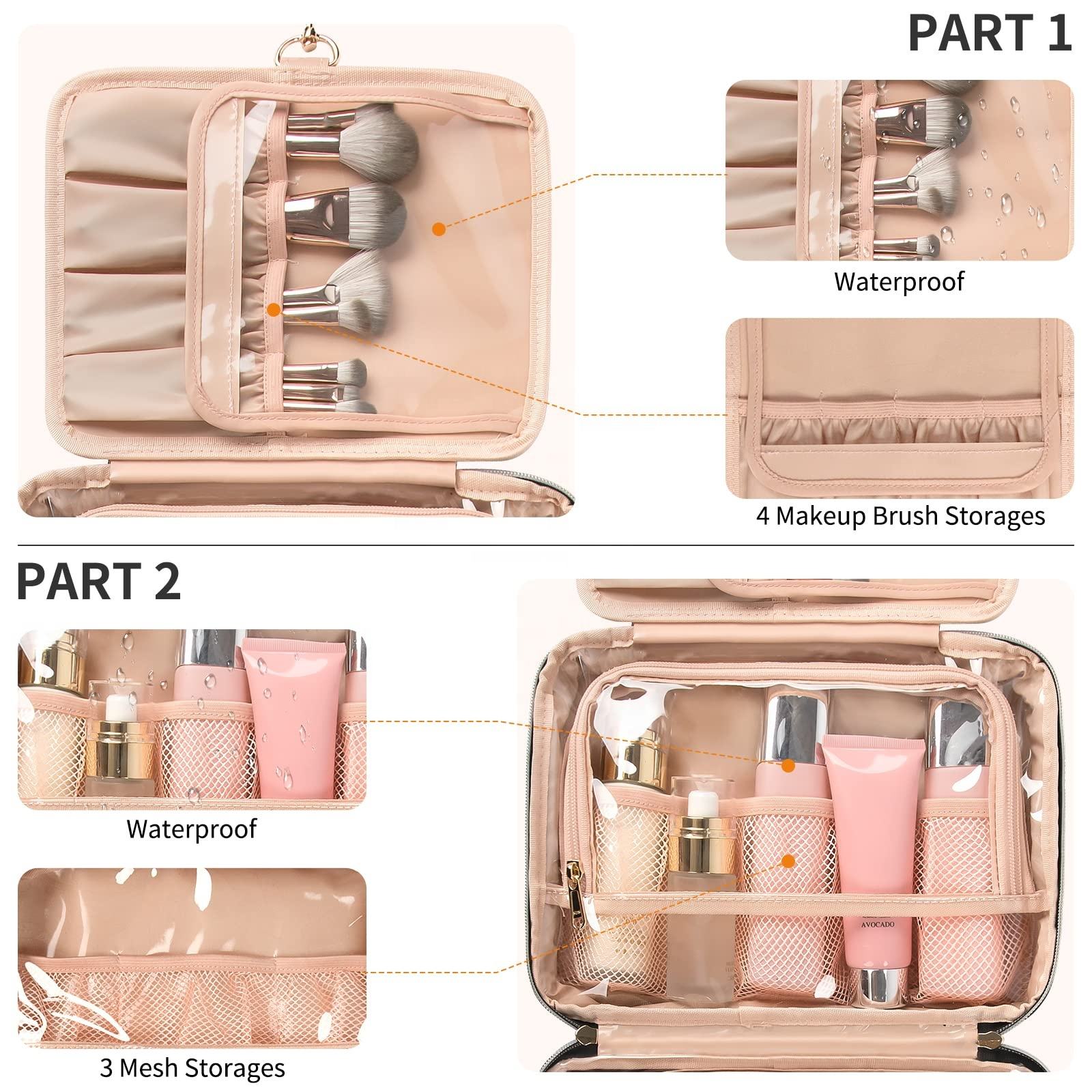 Umweltfreundliche Großhandelsschwarze Make-up-Beutel-Tasche mit großer Kapazität Faltbare Reise-Kosmetik-Verpackungstasche mit mehreren Fächern und Aufhänger