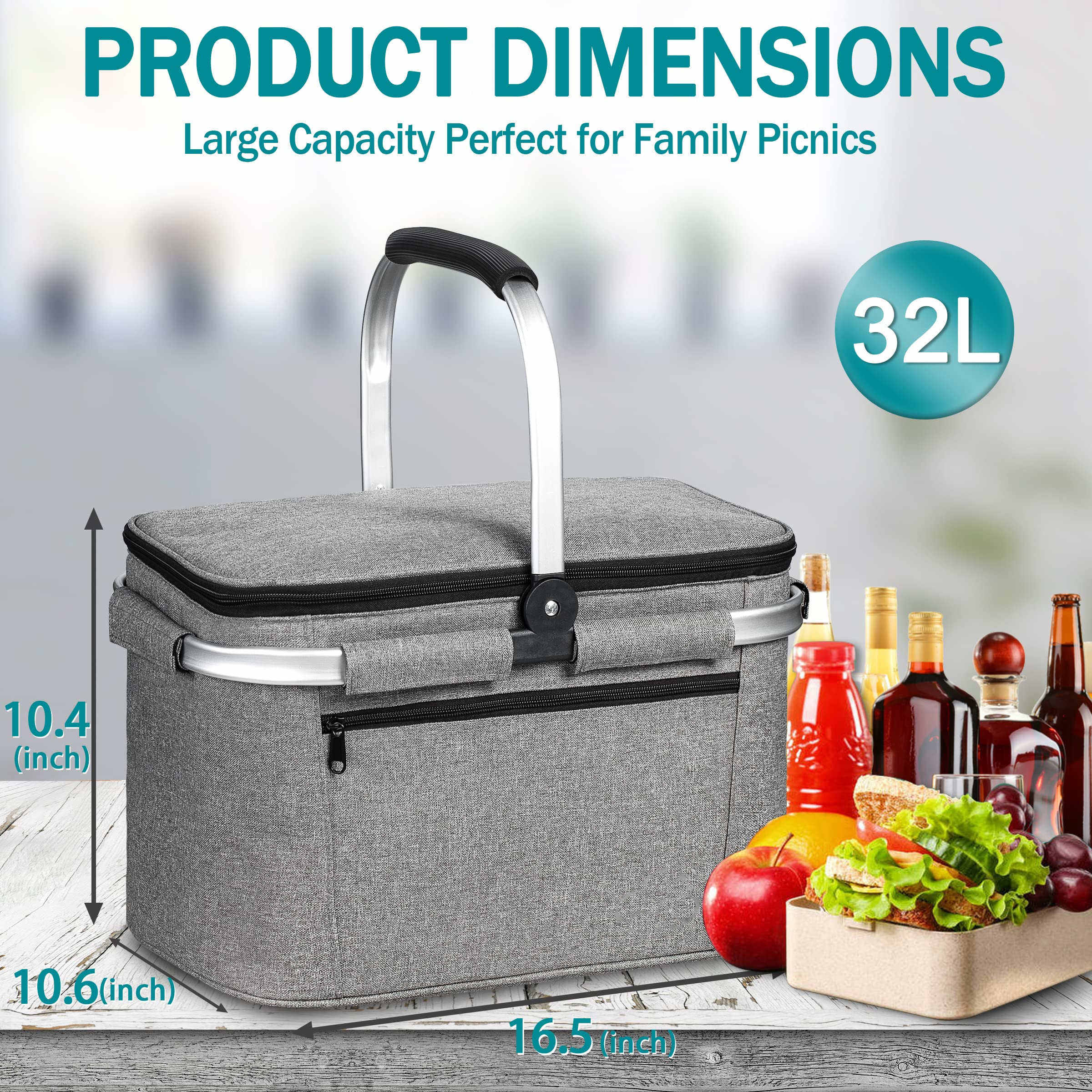 Isolierter Picknickkorb 32 l, tragbar, zusammenklappbar, Wein, Bierdose, Lebensmitteltaschen, auslaufsicherer Kühlkorb zum Einkaufen