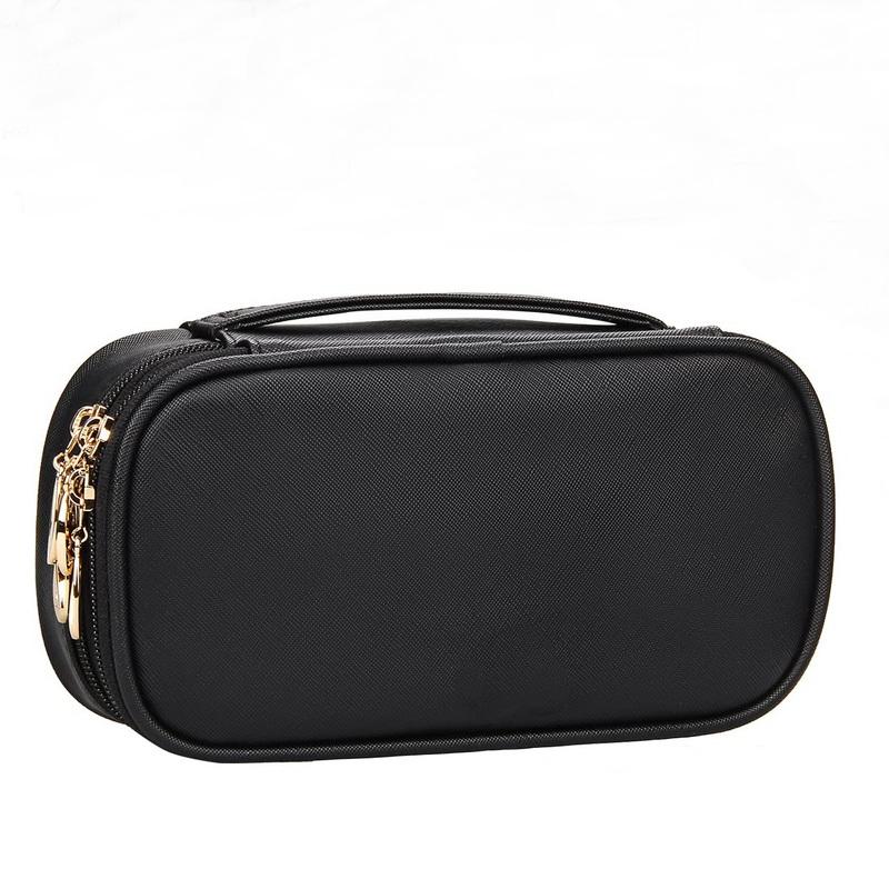 Schwarze Reise-Leder-Doppelschicht-Kosmetiktaschen mit individuellem Logo, Make-up-Tasche, Make-up-Hautpflege, Aufbewahrungs-Organizer mit Bürstenhalter