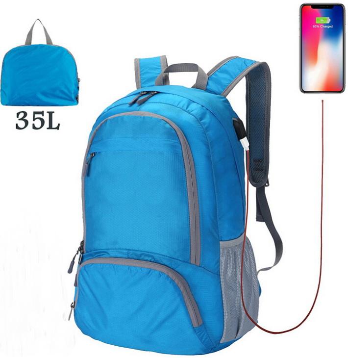 Wasserdichter, leichter, faltbarer, verstaubarer USB-Rucksack für Reisen und Wandern