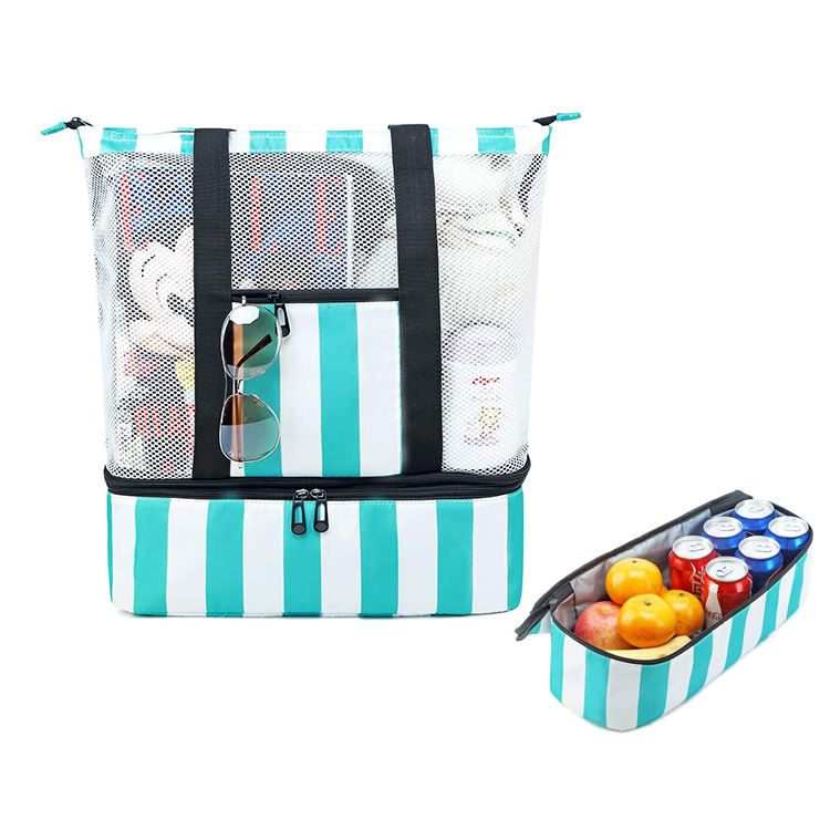 Gefaltete Pool-Picknick-Kühltasche mit Blumendruck, Strandhandtasche für Damen, Mesh-Strandtasche mit isoliertem Kühlfach