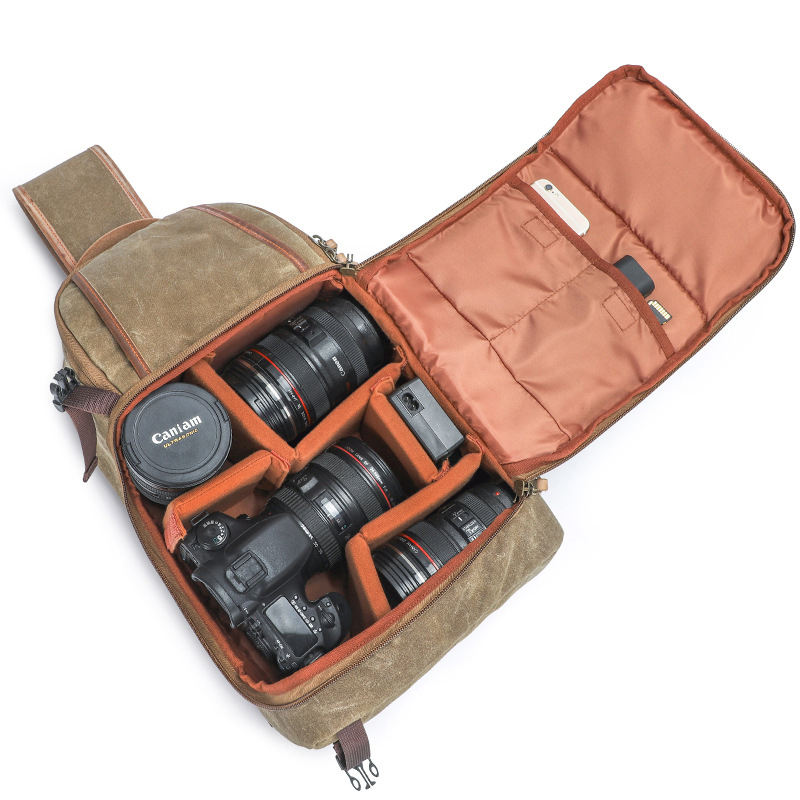 Wasserdichter, gepolsterter Kamera-Sling-Rucksack im Vintage-Stil mit herausnehmbaren Einsätzen, stoßfester Kameratasche aus Wachsleinen