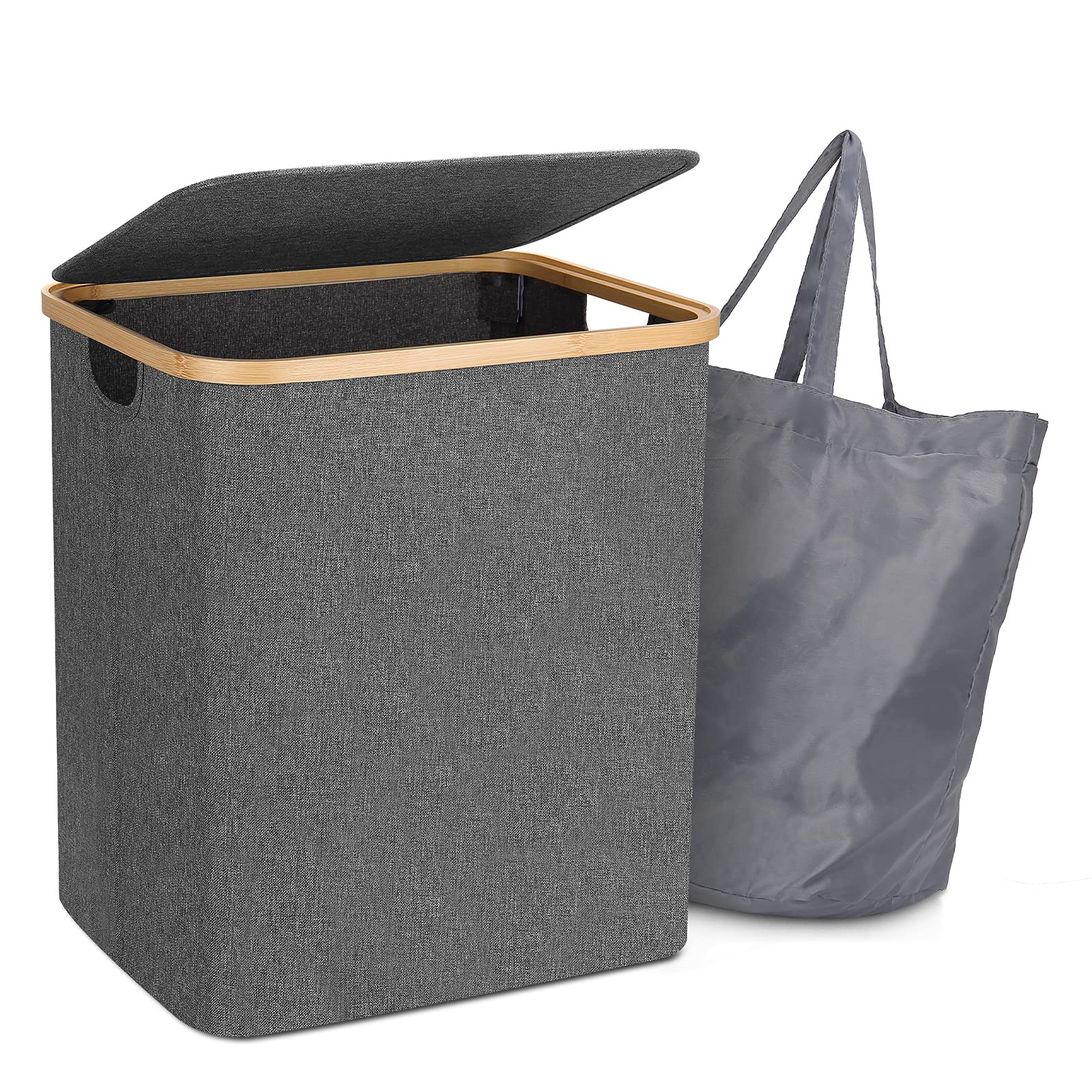 60L zusammenklappbarer Wäschekorb aus Bambus mit waschbarem Wäschesack, wasserdichter Wäschesortierer für Schlafzimmer, Spielzeug und Kleidung Orga