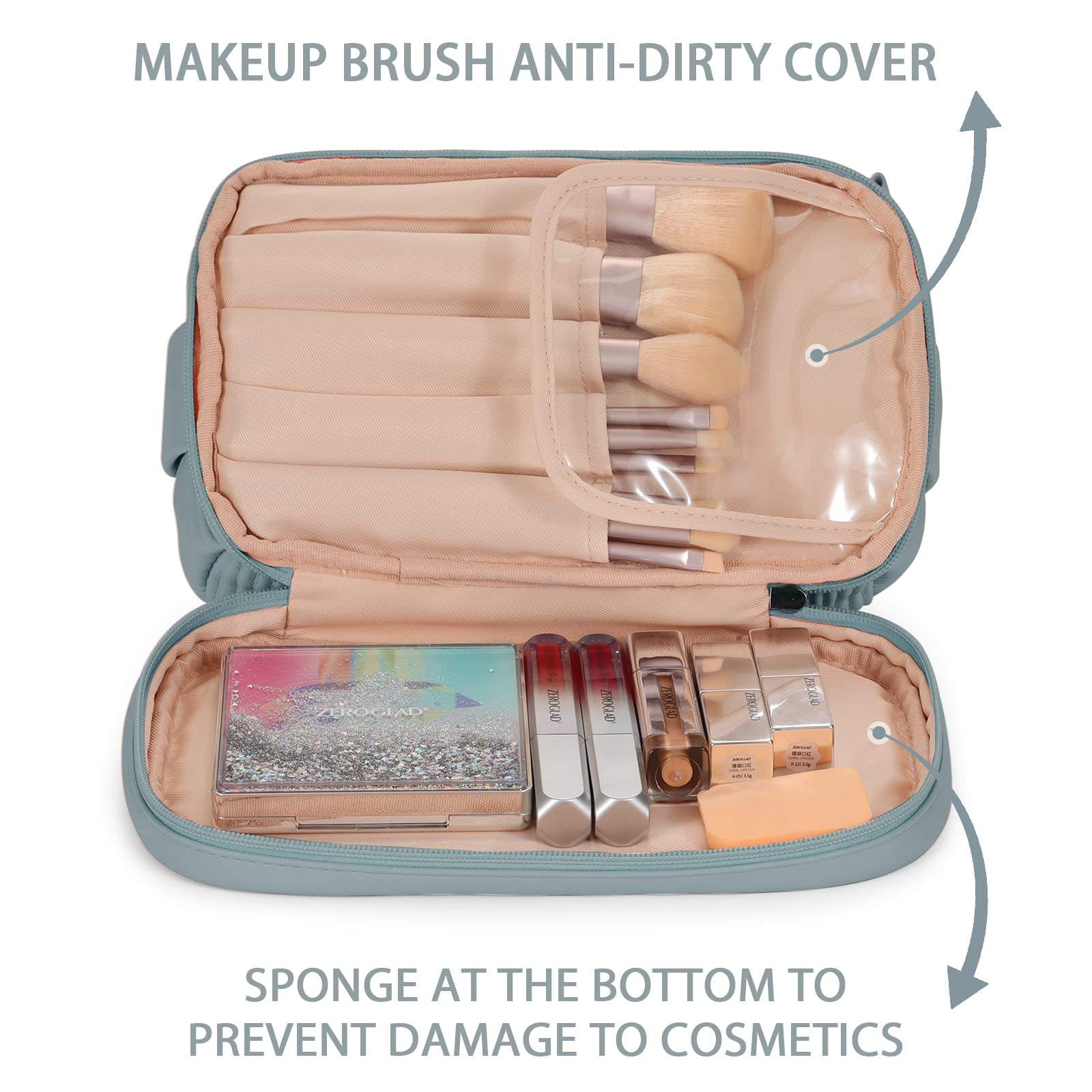 Doppellagige Reisebürstenfach-Make-up-Tasche für Frauen Make-up für Badezimmer Tragbare blaue Kosmetiktasche mit großer Kapazität