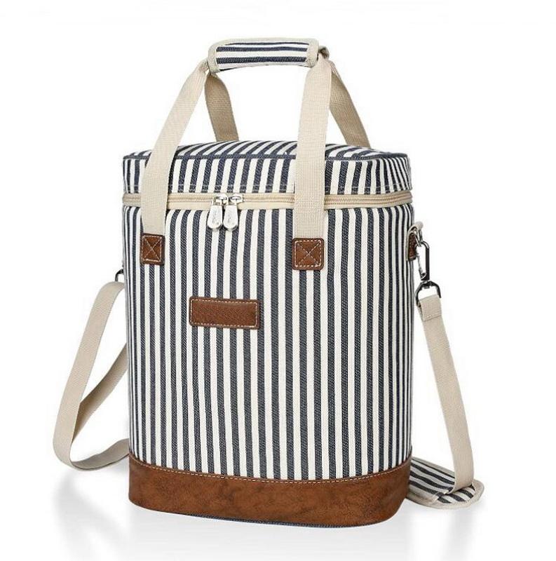 Gestreifte, wasserdichte, gepolsterte, weinisolierte Tragetasche, tragbare, individuelle Picknick-Strand-Sommer-Weinkühltasche für 6 Flaschen