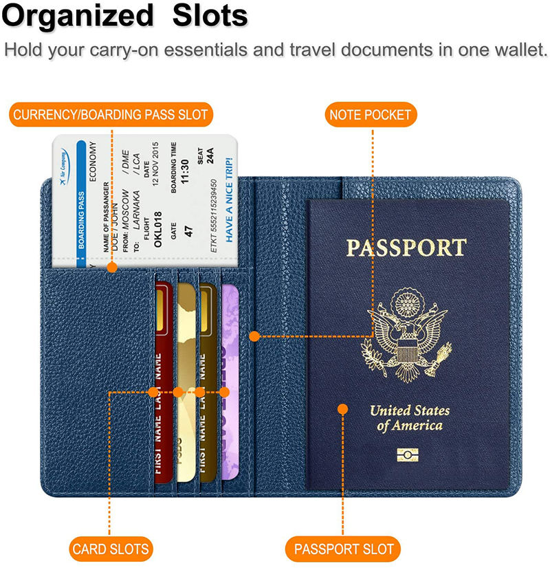 Benutzerdefinierte Damen & Herren Reisepasshülle Kartenhalter RFID blockierender PU-Leder Passport Organizer Wallet Holder