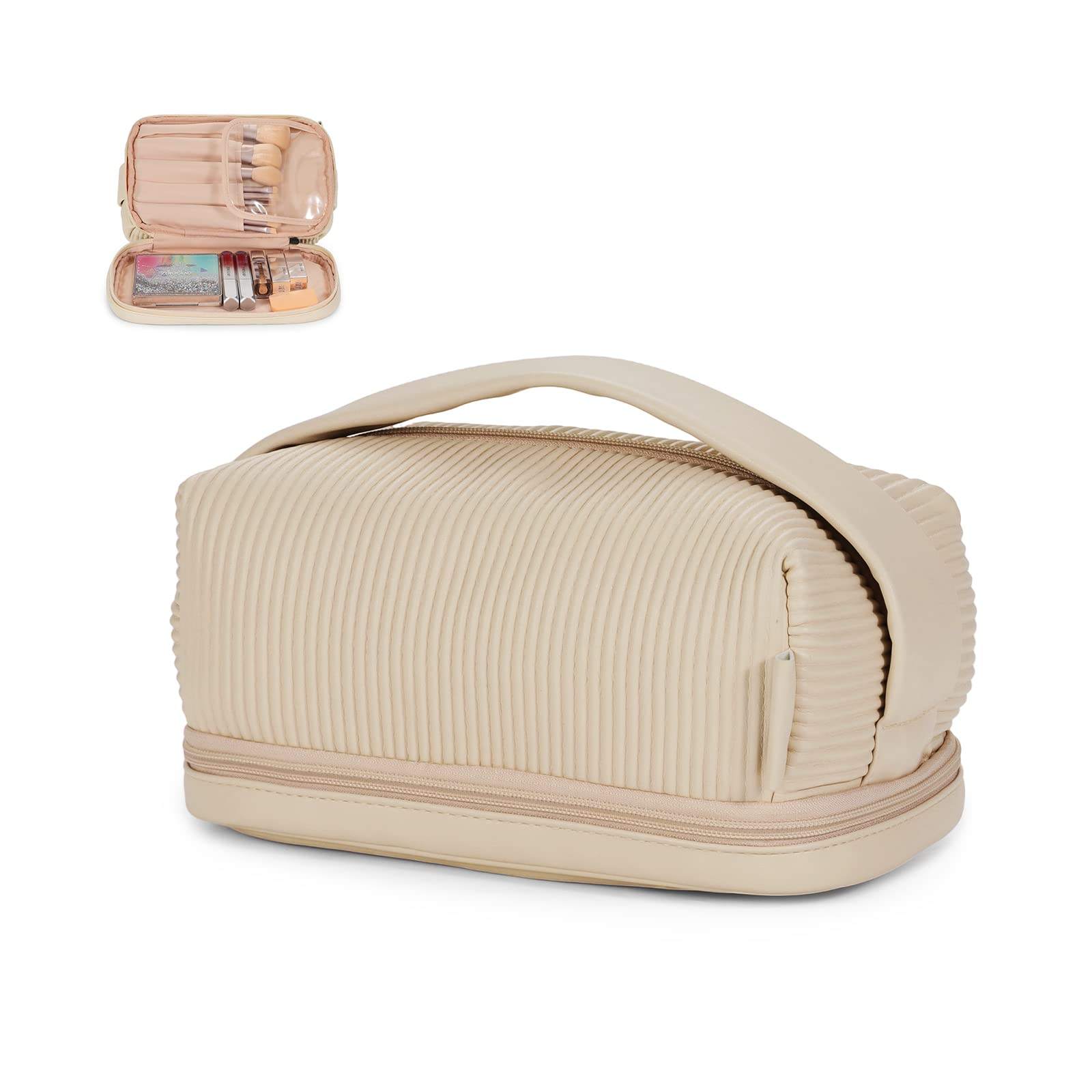 Doppellagige Reisebürstenfach-Make-up-Tasche für Frauen Make-up für Badezimmer Tragbare beige Kosmetiktasche mit großer Kapazität