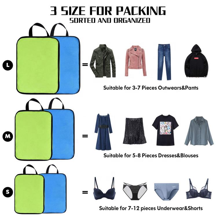 6 Stück Reisegepäck-Organizer-Koffer aus Stoff, verschiedene Größen, Kompressionsverpackungswürfel für Reisen