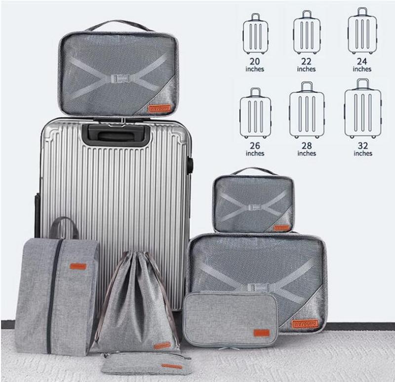 Großhandelsqualitäts-Reisegepäck-Verpackungswürfel-Set mit 7 angepassten wasserdichten Unisex-Koffer-Kompressions-Reisetaschen