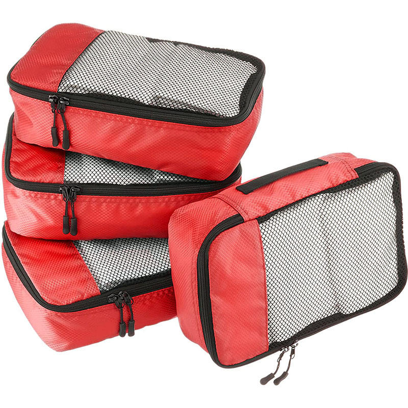 Multifunktionales rotes Damen-4-teiliges Mesh-Gepäck-Schuhaufbewahrungs-Organizer-Taschenset Reiseverpackungswürfel für Kleidung