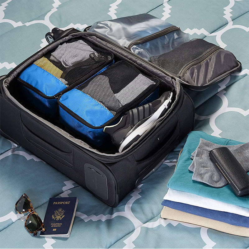 Blau Maßgeschneiderte Gepäck Organizer Kleidung Schuh Aufbewahrungstasche 4 PCS Set Reiseverpackungswürfel für Koffer