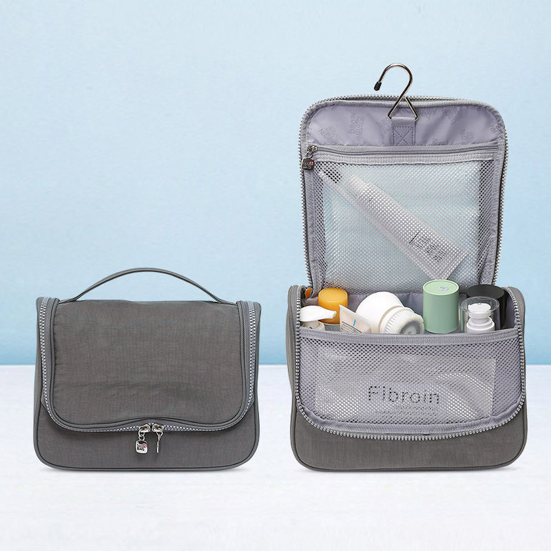 Grauer neuer Reißverschluss, tragbarer Designer, wasserdicht, Polyester, zum Aufhängen, Make-up, Kulturbeutel, Kosmetiktasche für Damen und Herren