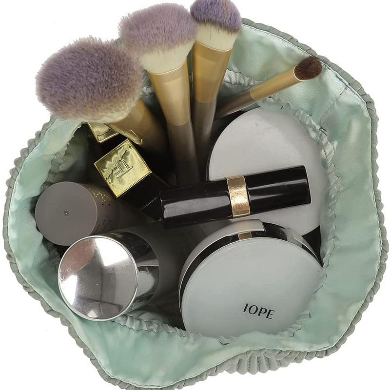 Multifunktionale Reisegrüne runde Kosmetiktaschen PU-Leder bilden Werkzeugtasche Kulturbeutel Make-up-Organizer mit Kordelzug für Mädchen