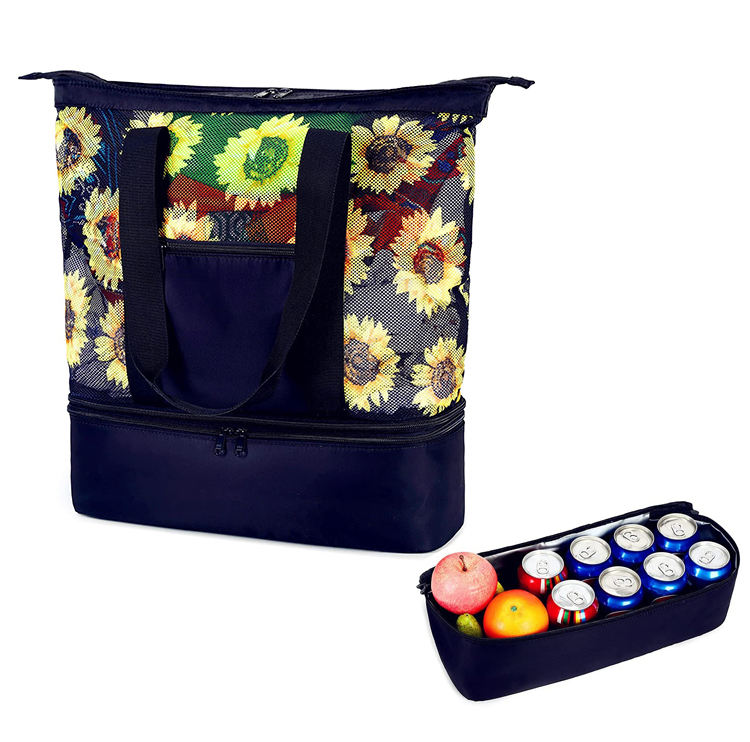 Gefaltete Pool-Picknick-Kühltasche mit Blumendruck, Strandhandtasche für Damen, Mesh-Strandtasche mit isoliertem Kühlfach
