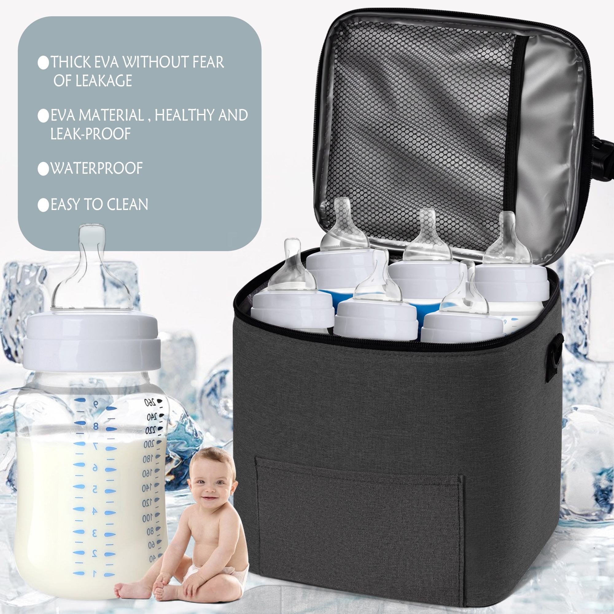 Muttermilch-Kühltasche mit Eisbeutel, individuelles Logo, passend für 6 Babyflaschen, isolierte Kühltasche für Muttermilch