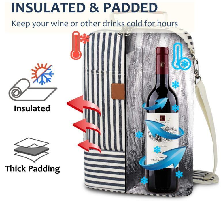 benutzerdefiniertes Logo wasserdichtes Reisepicknick gestreifte 2-Flaschen-Thermo-Weintragetaschen Strandisolierte tragbare Weinkühltasche