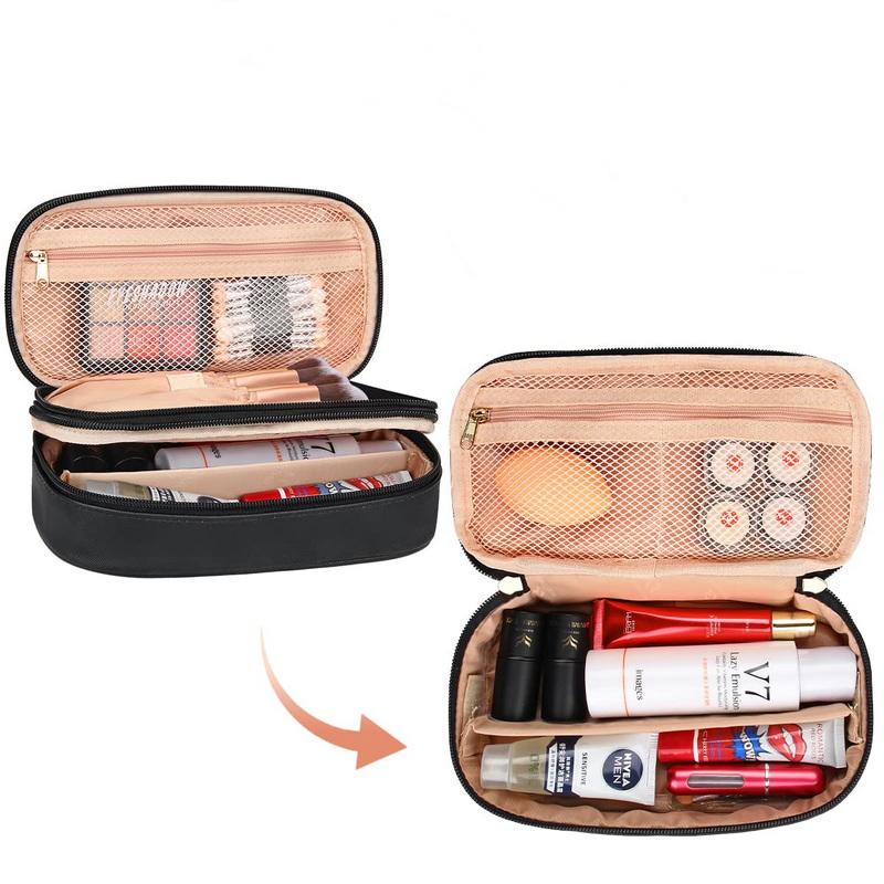 Schwarze Reise-Leder-Doppelschicht-Kosmetiktaschen mit individuellem Logo, Make-up-Tasche, Make-up-Hautpflege, Aufbewahrungs-Organizer mit Bürstenhalter