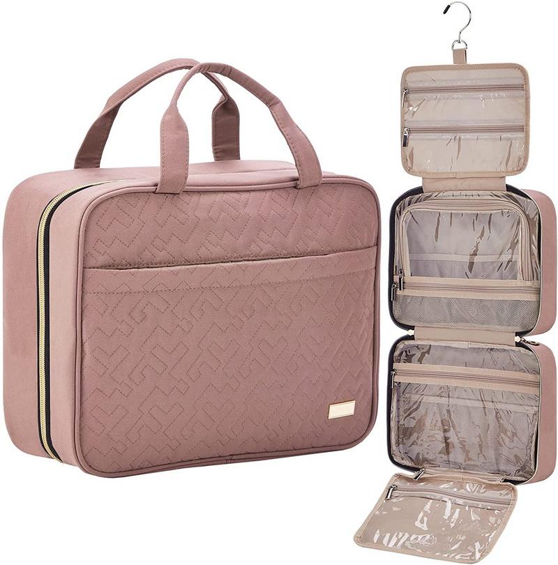 Rosa Reise-Make-up-Tasche mit individuellem Logo, wasserdichte Kulturbeutel, große Kapazität, Kosmetik-Organizer, Make-up-Halter mit Haken zum Aufhängen