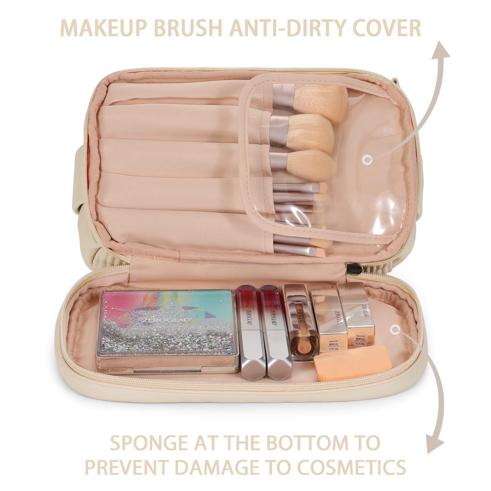 Doppellagige Reisebürstenfach-Make-up-Tasche für Frauen Make-up für Badezimmer Tragbare beige Kosmetiktasche mit großer Kapazität