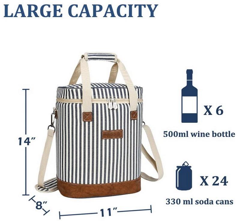 Premium Gestreifte, tragbare, gepolsterte, wasserdichte Strand-, Schwimm-, Picknick-, Weinträger-, Kühltaschen, 6 Flaschen, isolierte Thermo-Weintasche