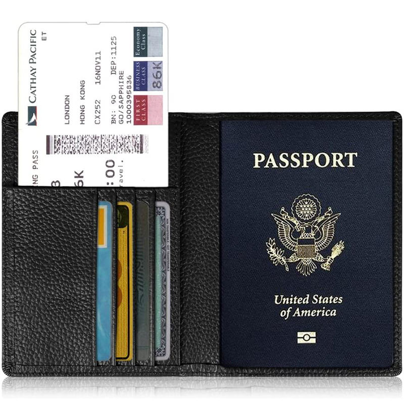 Schwarzes PVC-Leder-Prägelogo für Männer, Reisen, RFID-Passport Wallet, benutzerdefinierter Kartenhalter, Dokumenten-Organizer, Reisepass-Abdeckung