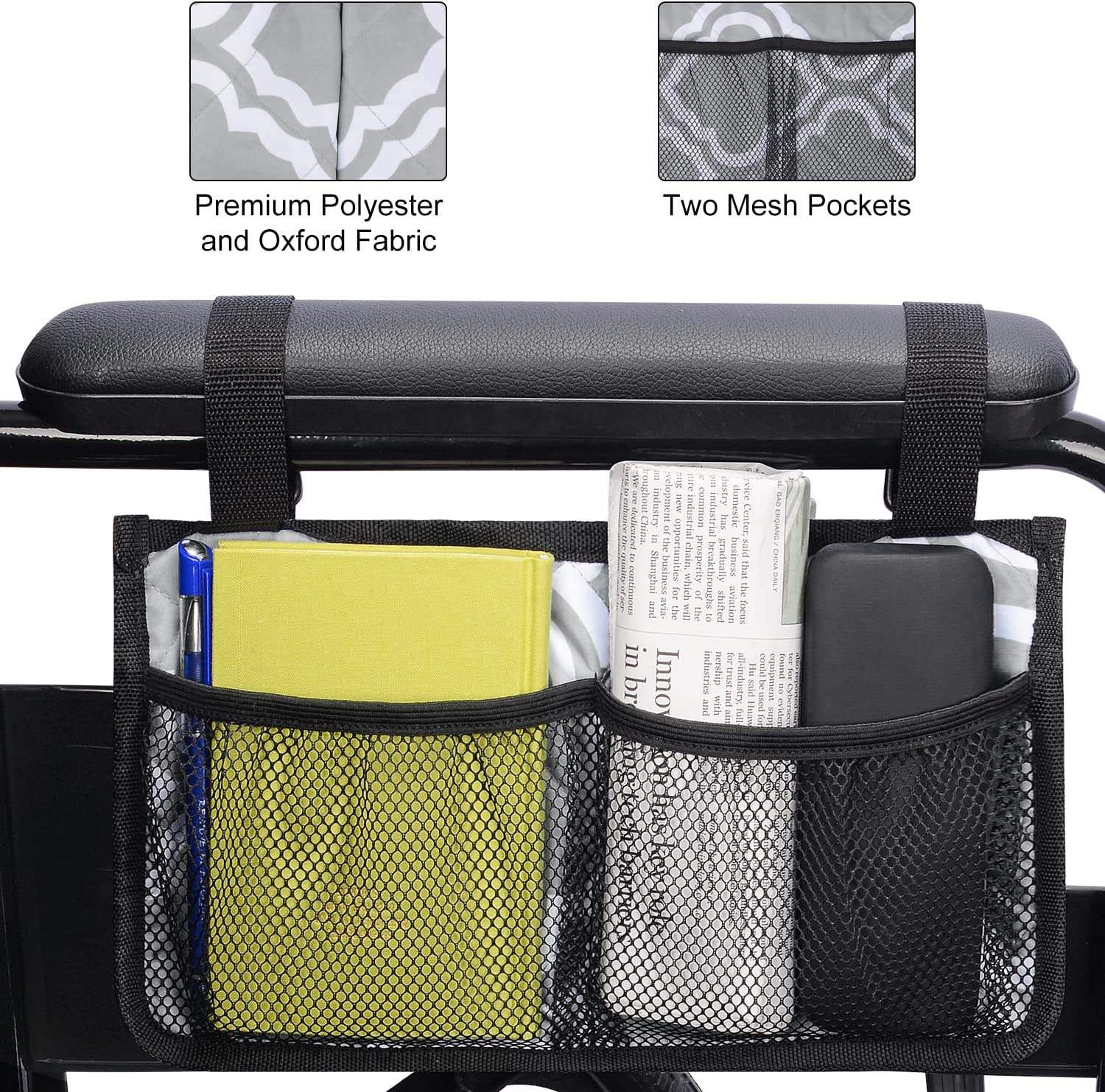 Factory Direct 600d Wasserdichte Walker-Tasche mit Getränkehalter Rollstuhl-Seitentasche Handfreie Aufbewahrungstasche