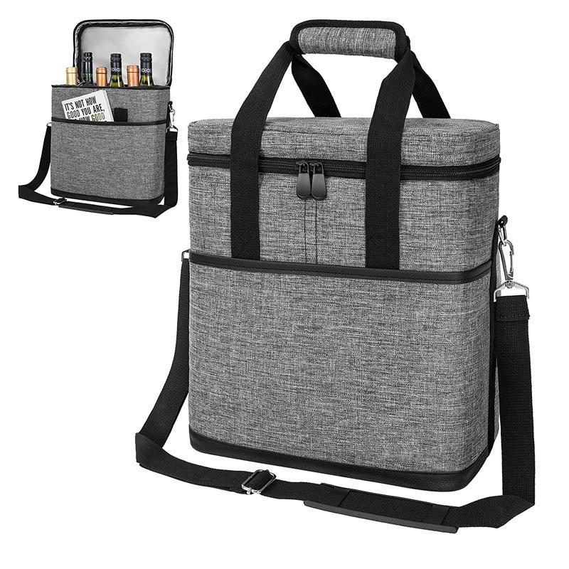 Grau Große Kapazität 6 Flaschen Aluminiumfolie Kühler Reißverschlusstasche Isolierte Weinbeutel Handtaschen Thermo-Organizer