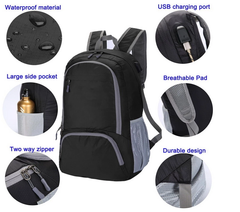 Wasserdichter, leichter, faltbarer, verstaubarer USB-Rucksack für Reisen und Wandern