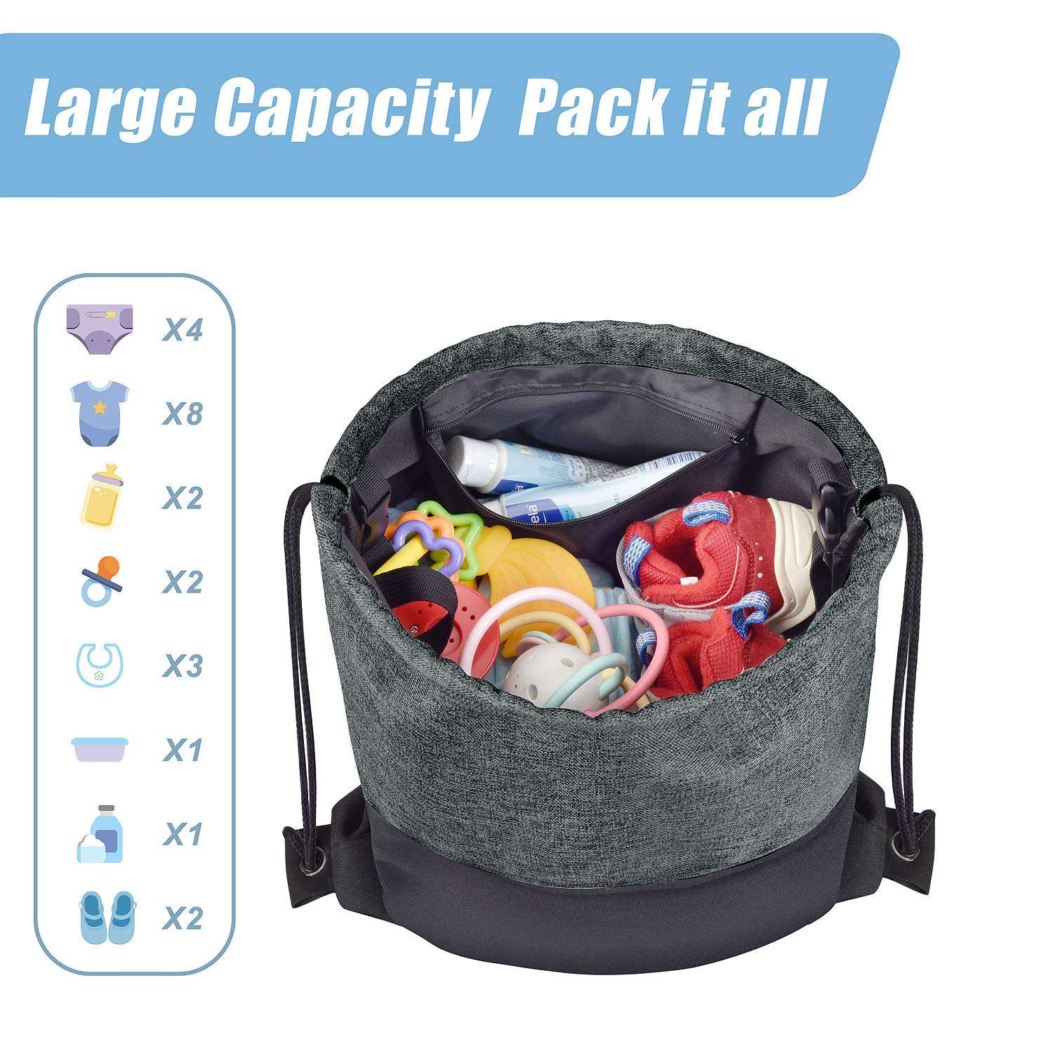 Mehrzweck-2-in-1-Rucksack mit Kordelzug und Kinderwagen-Aufhängegurten, Babywindel-Aufbewahrungstasche